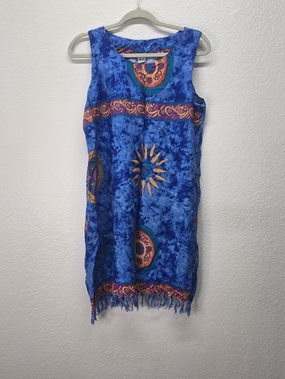 Vtg Beachwear Sun Print‎ Tie Dye Beach Cover Up Dress Fringe Hem Hippie Boho Lrg